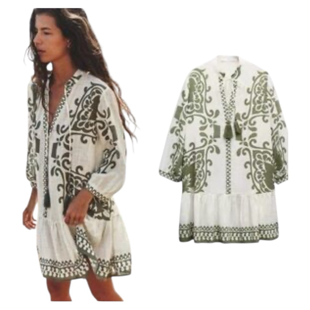 Zara Ecru & Khaki Rustic Printed Mini Dress Size XS - Picture 1 of 10